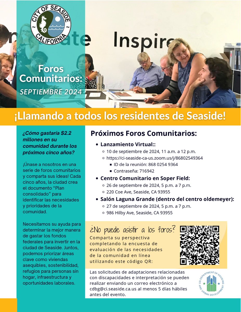SeasideCreates's tweet photo. 💬 ¡Haz oír tu voz!
Únase a nosotros en el Foro Comunitario del Plan Consolidado CDBG el 26 de septiembre a las 6 p.m. para compartir sus ideas sobre vivienda y prioridades comunitarias.
#SeasideCDBG #ForoComunitario #SeasidePlanning https://t.co/S3lTqVa0mR