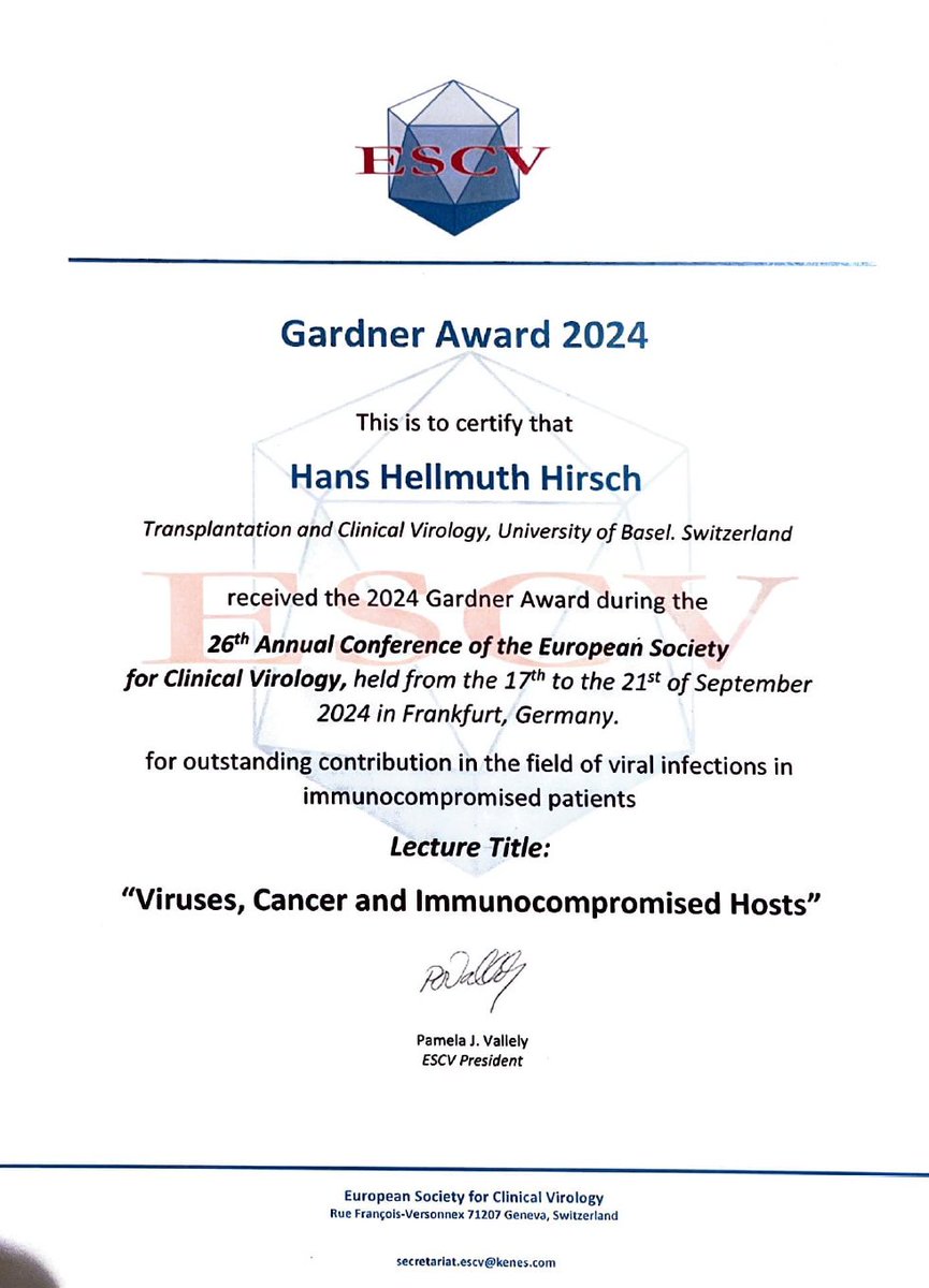 Proud to share that Prof. Hirsch has been recognized with the Gardner Award at the 26th Annual Conference of the European Society for Clinical Virology for his inspiring work on viral infections in immunocompromised patients. 🏆👏
#GardnerAward #ESCV2024 #ClinicalVirology