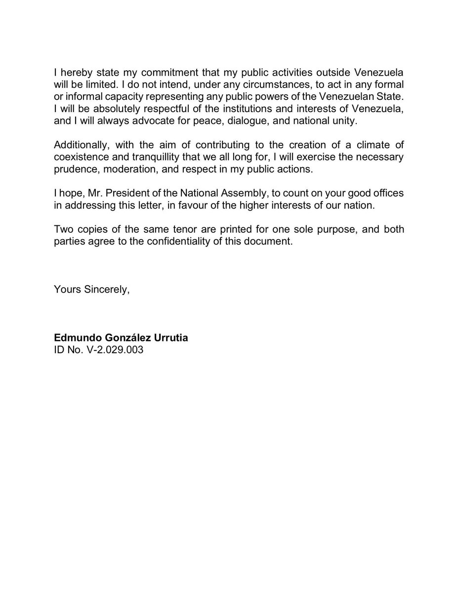EmbaVenezUK's tweet image. The President of the National Assembly of the Bolivarian Republic of Venezuela, Jorge Rodríguez Gómez (@jorgerpsuv), made public a letter signed by the former opposition candidate, Edmundo González Urrutia, in which he formally acknowledges the decision of the Supreme Court of…
