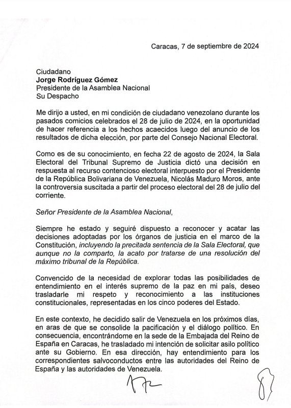 EmbaVenezUK's tweet image. The President of the National Assembly of the Bolivarian Republic of Venezuela, Jorge Rodríguez Gómez (@jorgerpsuv), made public a letter signed by the former opposition candidate, Edmundo González Urrutia, in which he formally acknowledges the decision of the Supreme Court of…