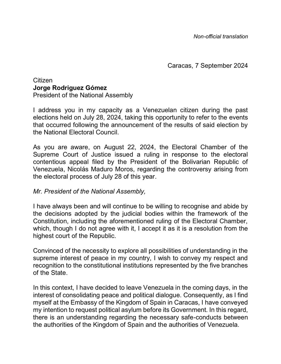EmbaVenezUK's tweet image. The President of the National Assembly of the Bolivarian Republic of Venezuela, Jorge Rodríguez Gómez (@jorgerpsuv), made public a letter signed by the former opposition candidate, Edmundo González Urrutia, in which he formally acknowledges the decision of the Supreme Court of…