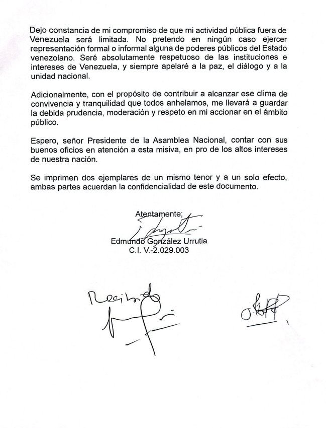 EmbaVenezUK's tweet image. The President of the National Assembly of the Bolivarian Republic of Venezuela, Jorge Rodríguez Gómez (@jorgerpsuv), made public a letter signed by the former opposition candidate, Edmundo González Urrutia, in which he formally acknowledges the decision of the Supreme Court of…