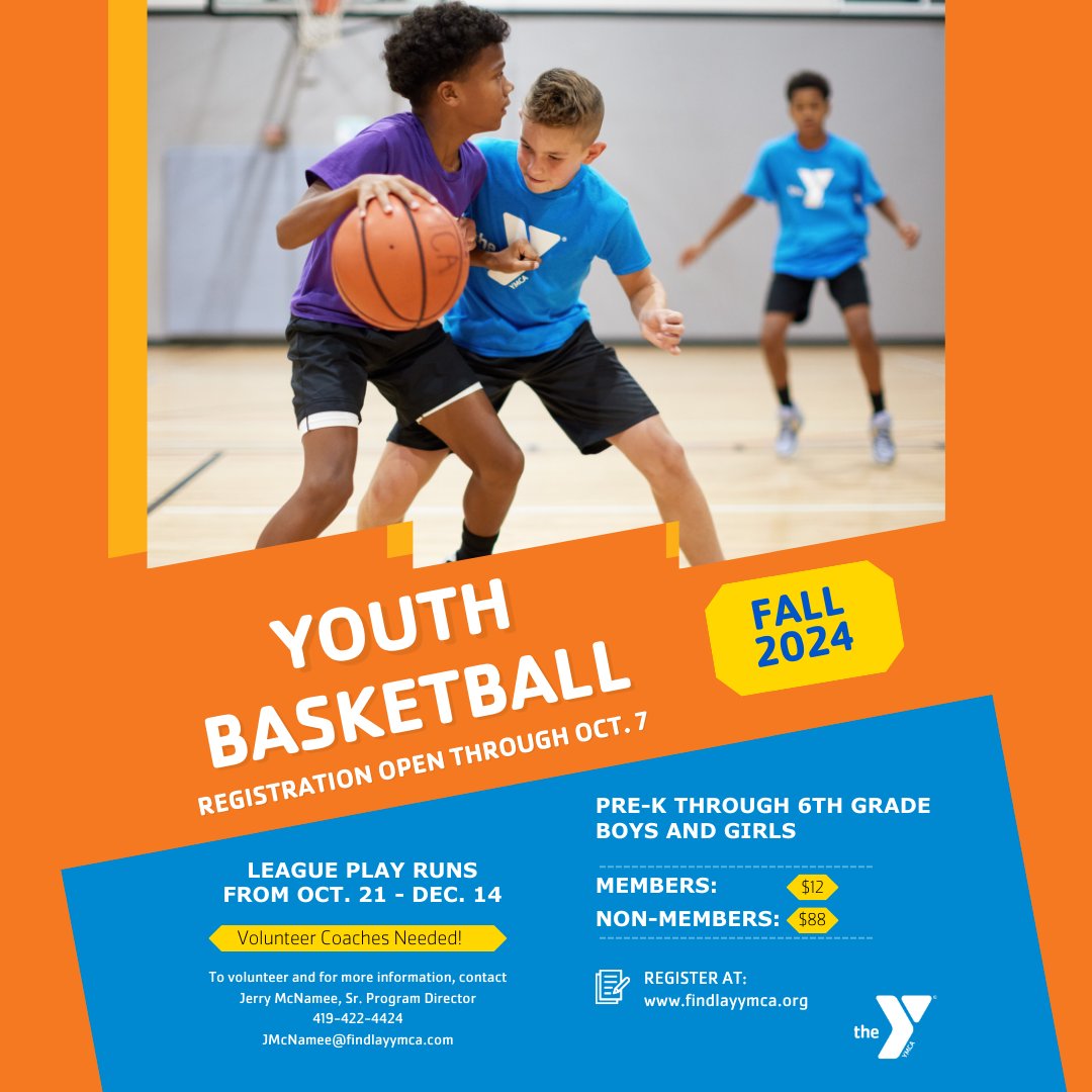 FindlayYMCA's tweet photo. Register by Monday, Oct. 7, for Fall Youth Basketball! Teams are now forming for those in Pre-K through 6th grade. To sign up and for more info, visit https://t.co/jVJco9esIg. https://t.co/f5wRjLRhEi