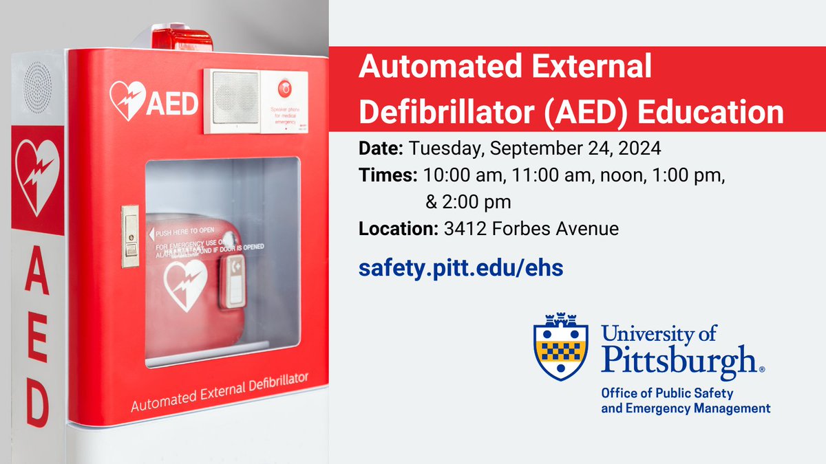 Pitt Environmental Health and Safety (EH&S) (@pittehs) on Twitter photo All <a href="/PittTweet/">University of Pittsburgh</a> students, faculty & staff can get trained by the experts on how to use an AED. Learn how to use this lifesaving equipment on Tue. Sept. 24. We have five 45-minute sessions available throughout the day. Register now at pitt.co1.qualtrics.com/jfe/form/SV_37… All <a href="/PittTweet/">University of Pittsburgh</a> students, faculty & staff can get trained by the experts on how to use an AED. Learn how to use this lifesaving equipment on Tue. Sept. 24. We have five 45-minute sessions available throughout the day. Register now at pitt.co1.qualtrics.com/jfe/form/SV_37…