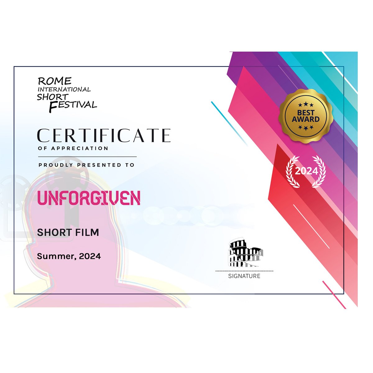 Excited about being awarded "Best Short Film" at the Rome International Short Festival for Summer 2024!!

Starting to make the rounds now at several film fests worldwide. Catch the trailer: youtube.com/watch?v=qqsAxF…