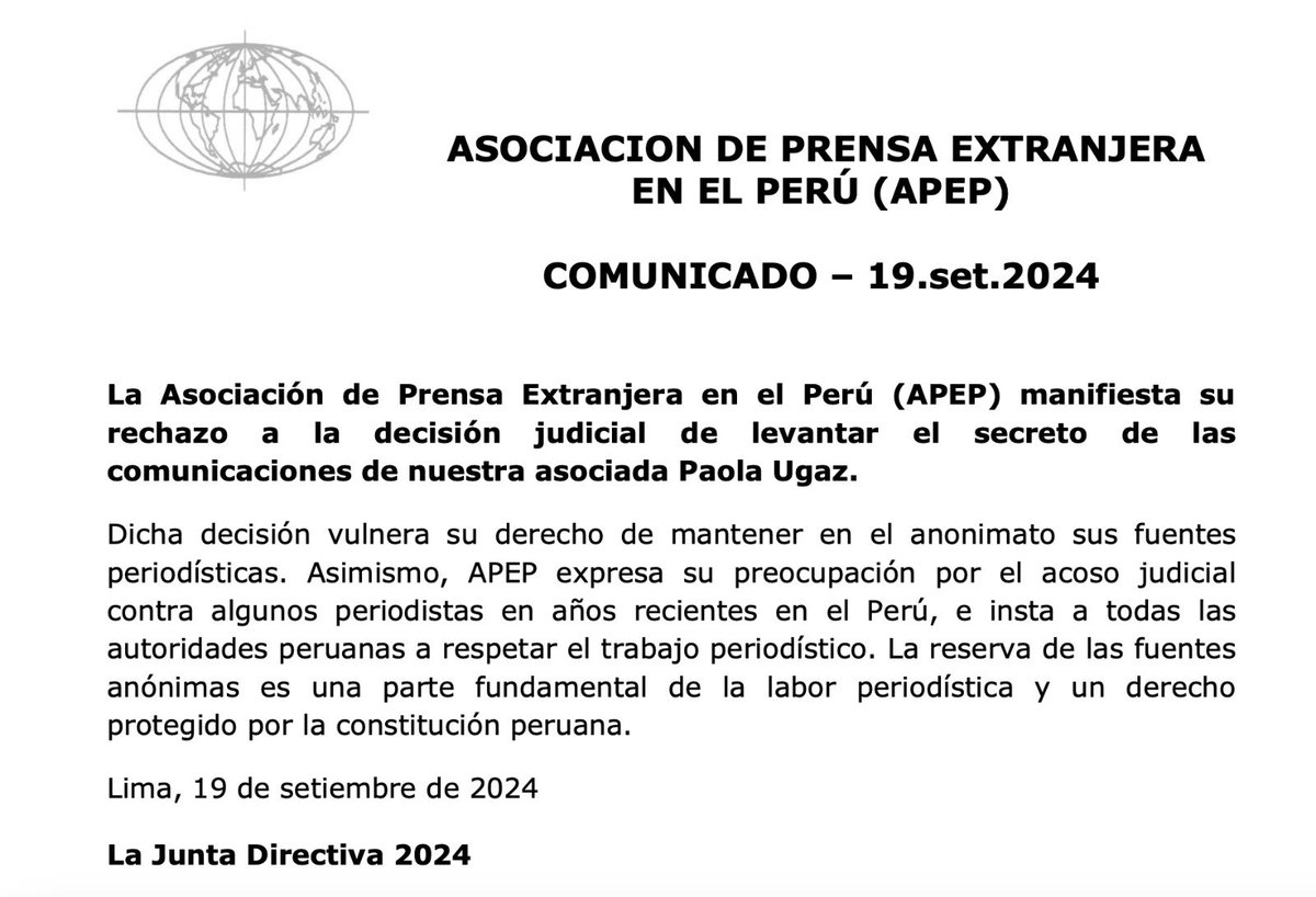 Mónica Sánchez (@21cordeliamar) on Twitter photo Basta de perseguir y hostilizar a los periodistas en base a mentiras.
Mi solidaridad con <a href="/larryportera/">Paola Ugaz</a>
Atención a esto
<a href="/FiscaliaPeru/">Ministerio Público</a>
<a href="/APEP_peru/">APEP</a>
<a href="/PVacaV/">Pedro Vaca V.</a>
<a href="/ONUPeru/">Naciones Unidas Perú</a> Basta de perseguir y hostilizar a los periodistas en base a mentiras.
Mi solidaridad con <a href="/larryportera/">Paola Ugaz</a>
Atención a esto
<a href="/FiscaliaPeru/">Ministerio Público</a>
<a href="/APEP_peru/">APEP</a>
<a href="/PVacaV/">Pedro Vaca V.</a>
<a href="/ONUPeru/">Naciones Unidas Perú</a>