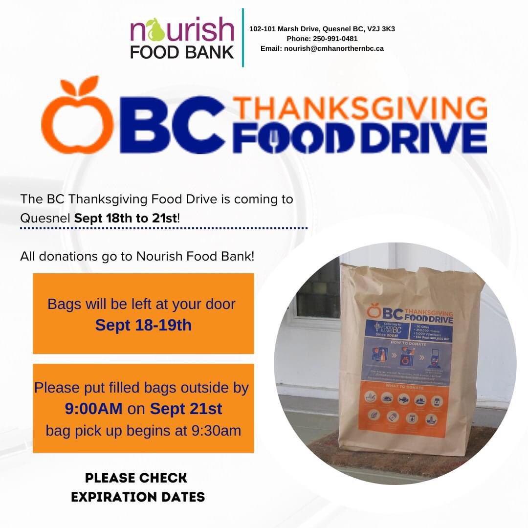 Check your mailboxes!

Bags will start getting collected from Saturday morning. Non-perishable food items and please check expiry dates. Bags will start getting collected from Saturday morning

In Quesnel, please direct any questions to Nourish Food Bank

#BCThanksgivingFoodDrive