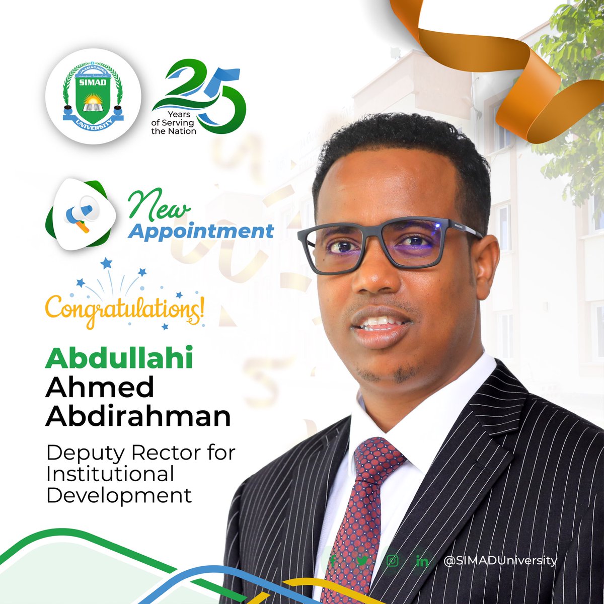 Grateful to <a href="/SIMADUniversity/">SIMAD University</a> SIMAD Rector, Dr. @Abdikarimmohaid, for appointing me as Deputy Rector for Institutional Development. Excited to continue driving progress and innovation after 15 years of service! Looking forward to this new journey with my colleagues!