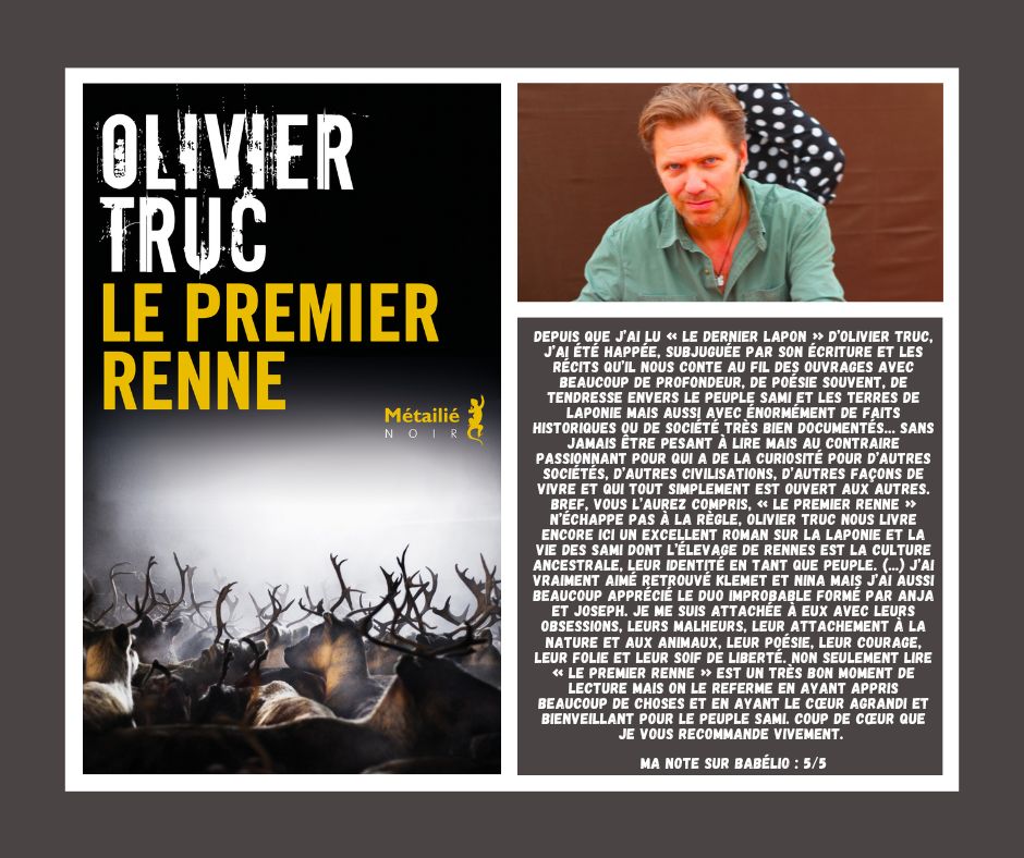 Lilou Mapassionlire (@belettelilou) on Twitter photo Quel plaisir de retrouver la police des rennes. Merci <a href="/OlivierSweden/">Olivier Truc</a> ! Je viens donc de terminer "Le premier renne" d'Olivier Truc... Gros coup de coeur !
<a href="/metailie/">Editions Métailié</a>
Voici mon billet
mapassionleslivres.wordpress.com/2024/09/19/la-… Quel plaisir de retrouver la police des rennes. Merci <a href="/OlivierSweden/">Olivier Truc</a> ! Je viens donc de terminer "Le premier renne" d'Olivier Truc... Gros coup de coeur !
<a href="/metailie/">Editions Métailié</a>
Voici mon billet
mapassionleslivres.wordpress.com/2024/09/19/la-…
