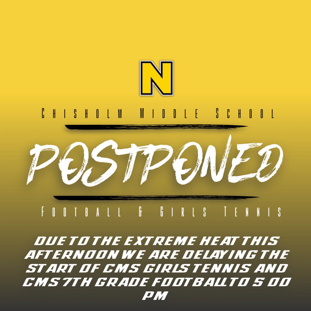 Due to the extreme heat this afternoon, CMS Girls Tennis and CMS 7th Grade Football are being delayed to a 5 PM start time.  This also means that 8th Grade Football will also start later than the originally posted time.