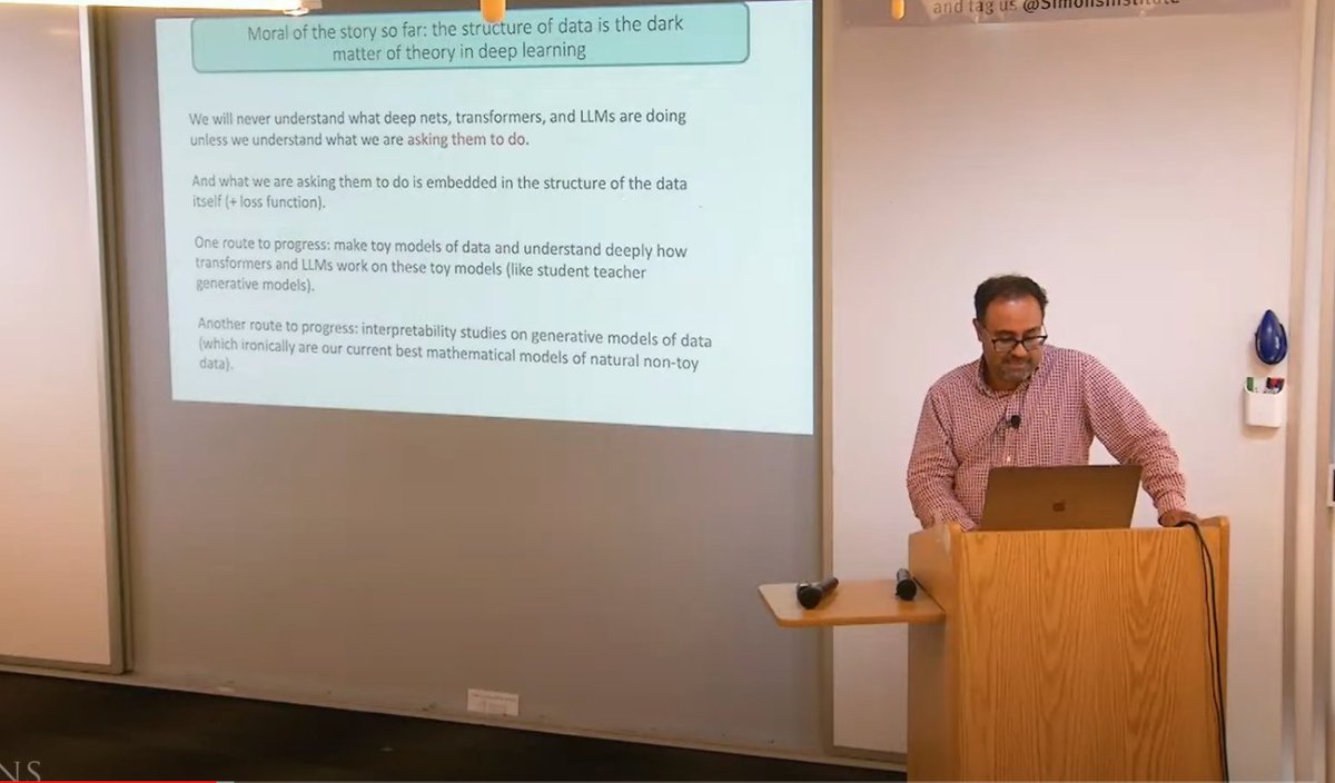 Simons Institute for the Theory of Computing (@simonsinstitute) on Twitter photo "The structure of data is the dark matter of theory in deep learning" — <a href="/SuryaGanguli/">Surya Ganguli</a> during his talk on "Perspectives from Physics, Neuroscience, and Theory" at the Simons Institute's Special Year on Large Language Models and Transformers, Part 1 Boot Camp. "The structure of data is the dark matter of theory in deep learning" — <a href="/SuryaGanguli/">Surya Ganguli</a> during his talk on "Perspectives from Physics, Neuroscience, and Theory" at the Simons Institute's Special Year on Large Language Models and Transformers, Part 1 Boot Camp.