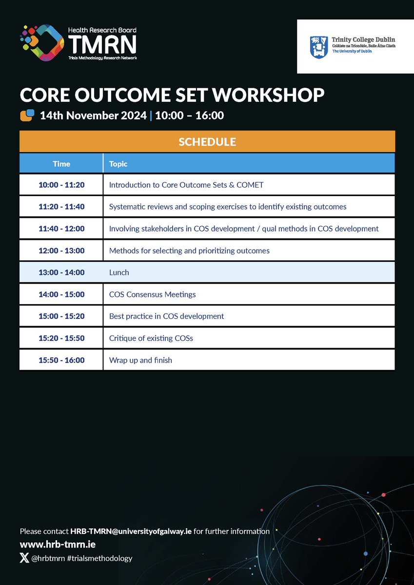 hrbtmrn's tweet photo. #TrialsMethodology Training Alert #Dublin 
✨1-day workshop offers a comprehensive introduction to the process of #CoreOutcomeSet development. 
📚COS development process
📚stakeholder identification 
📚scoping exercises to identify existing outcomes... 
🎟️ https://t.co/8yV5xxlec7 https://t.co/JkmY6VwJbo
