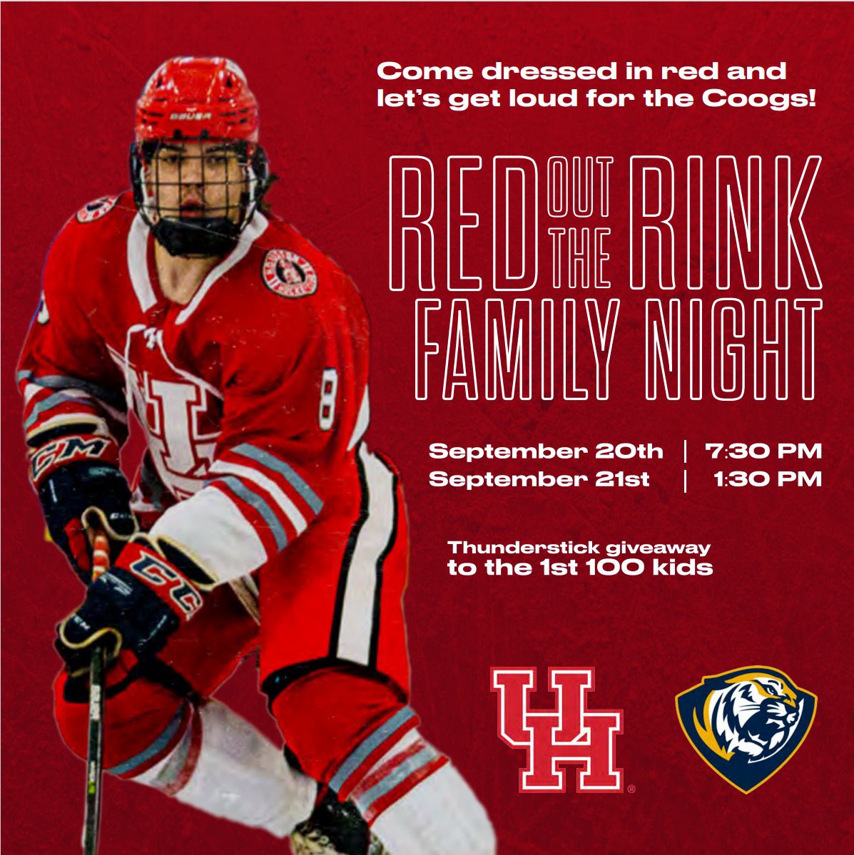 NHLtoHouston's tweet photo. Tomorrow Night &amp; Saturday Afternoon come on down to Sugar Land Ice &amp; Sports Center and support @uh_hockey 

Let’s pack the rink &amp; make it a red out 

Buy Tickets Now: https://t.co/M5KSu3ZUx6 

More Information: https://t.co/xFwHZPxphE 

#CoCoogs #ForTheCity #NHLtoHouston https://t.co/Y4W5grfL2x