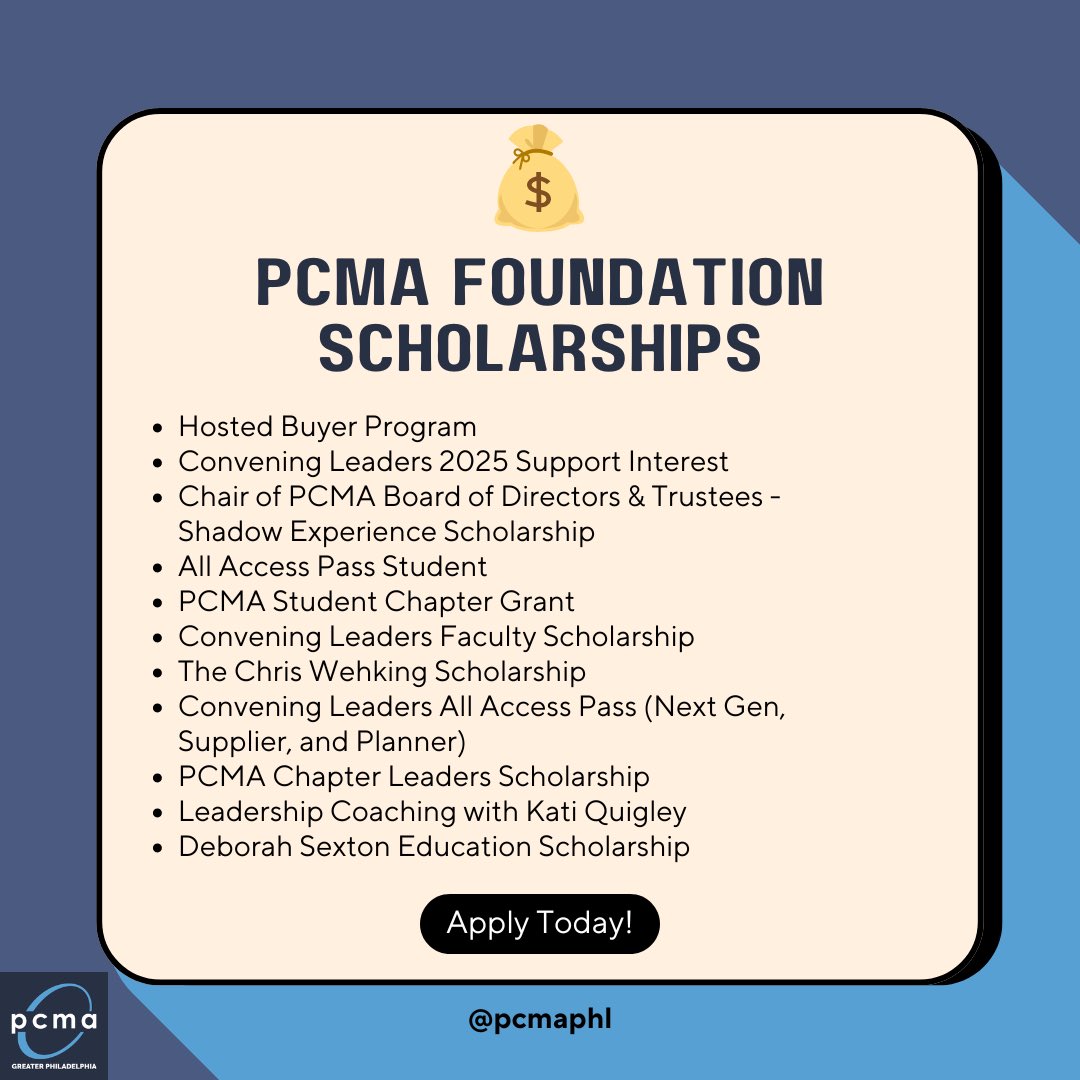 PCMAPHL's tweet photo. 🔔 PCMA is still accepting applications for scholarships, but deadlines are approaching! 💰 These scholarships range from Convening Leaders 2025 registrations to educational opportunities and more! https://t.co/zt3YTWcanR