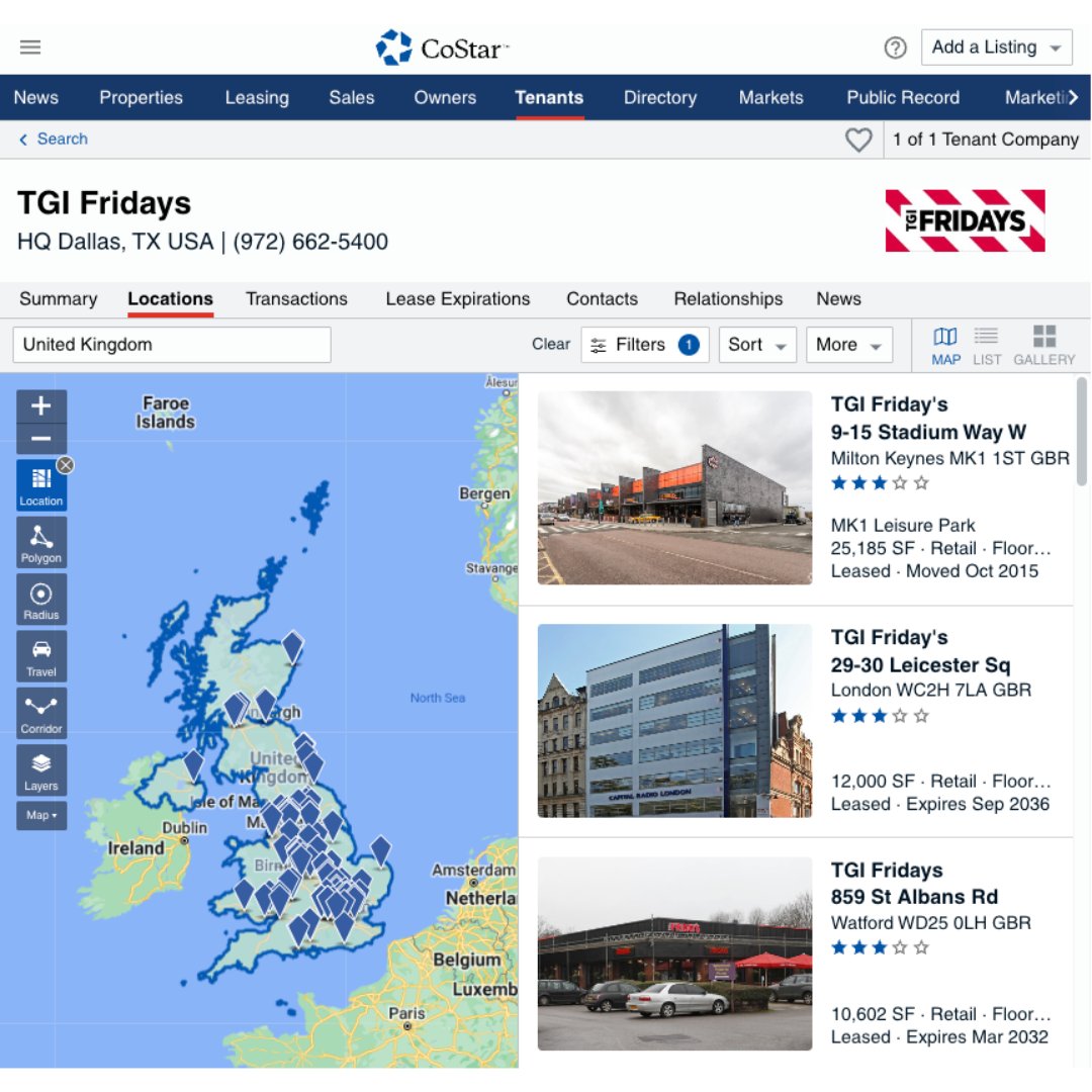 CoStarUK's tweet photo. With @TGIFridays restaurants in the UK looking to sell all of its 87 sites, learn more about their #CommercialProperty portfolio in CoStar so you can have the market visibility you need to make decisions when opportunities arise.