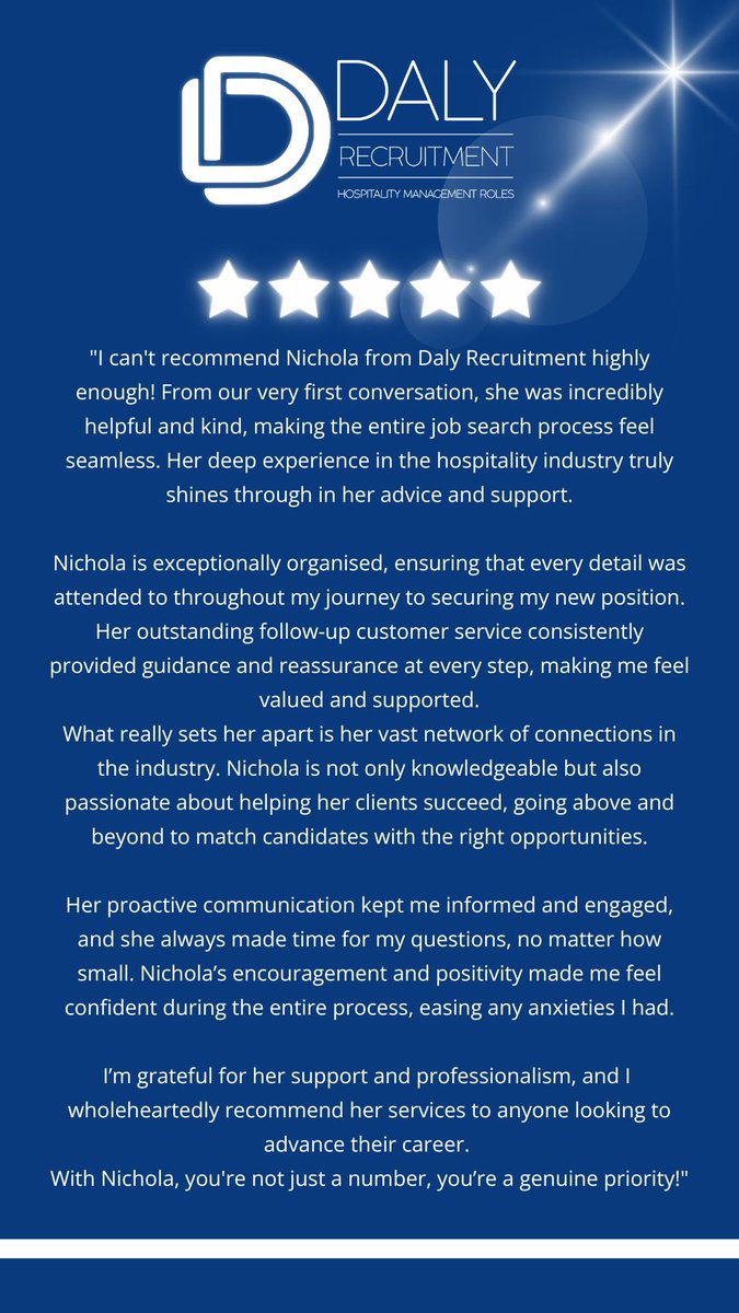 NicHola Daly (@nichola_daly) on Twitter photo A lovely Google review received today, from a candidate who placed their trust in <a href="/DalyRecruitment/">DalyRecruitment</a> to find them their next career move within the luxury hotel market.
When you love what you do, it shines bright
๐๐๐๐๐๐๐
#hospitality #recruitment #businessowner #happy ๐ฅณ A lovely Google review received today, from a candidate who placed their trust in <a href="/DalyRecruitment/">DalyRecruitment</a> to find them their next career move within the luxury hotel market.
When you love what you do, it shines bright
๐๐๐๐๐๐๐
#hospitality #recruitment #businessowner #happy ๐ฅณ