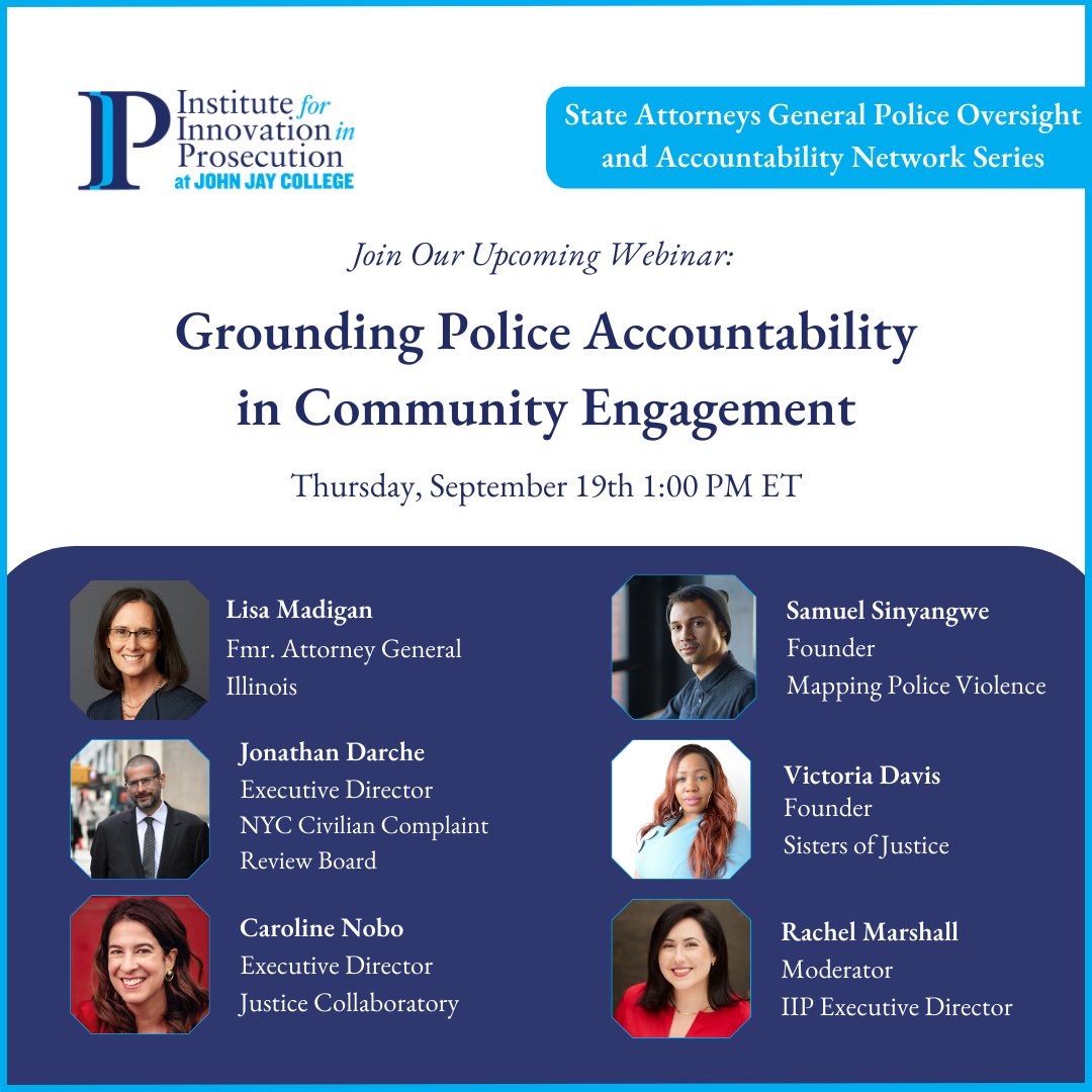 JusticeCollaboratory (@jcollaboratory) on Twitter photo Tune in today at 1pm to hear our executive director Caroline Nobo discuss police accountability. Register here: bit.ly/4d7skco
<a href="/IIP_JohnJay/">Institute for Innovation in Prosecution</a> Tune in today at 1pm to hear our executive director Caroline Nobo discuss police accountability. Register here: bit.ly/4d7skco
<a href="/IIP_JohnJay/">Institute for Innovation in Prosecution</a>