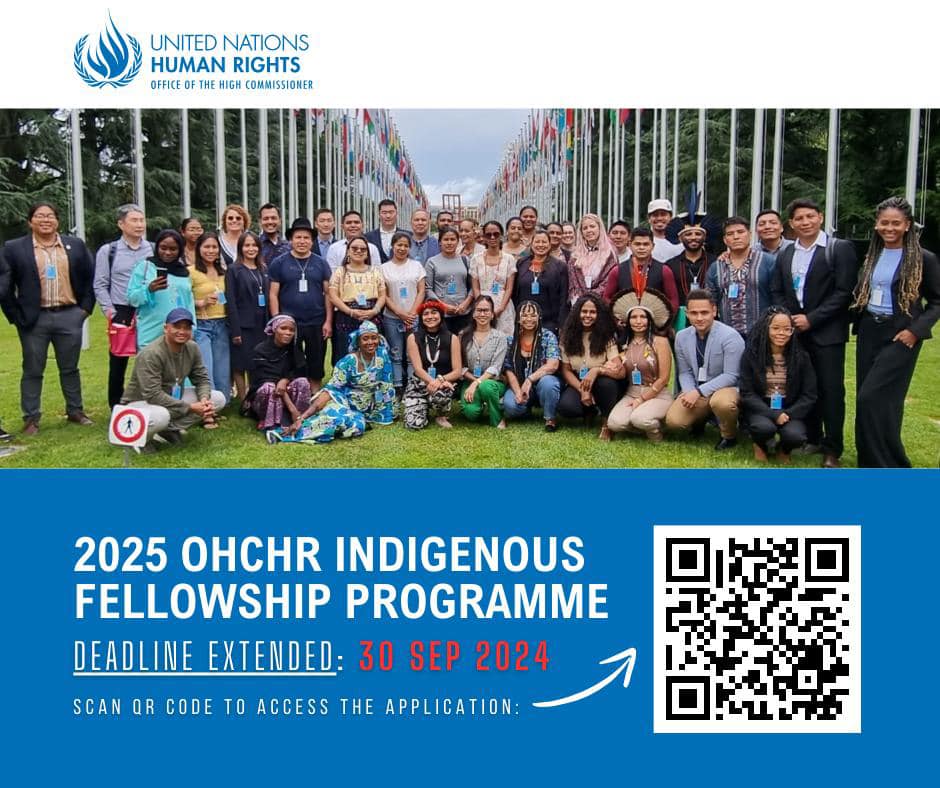 OHCHR Indigenous Fellowship Program 2025 deadline has been extended to 30 Sept! 
📝4 weeks fellowship 
🗣️5 languages: En, Sp, Fr, Ru &amp; Pt
Scan the QR code below or apply here 👇🏾
survey.ohchr.org/371656?lang=en