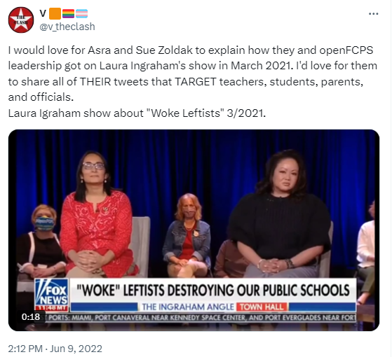 v_theclash's tweet photo. Are you really independent if you only repeat #GOP rhetoric?
Answer: No, you are NOT independent if you mock school board members (1), hate rainbows (2), appear on Laura Ingraham to speak against "woke leftists" (3), and/or are quoted in Daily Caller.
#SueZoldak = #DoBetterFCPS https://t.co/40hbl3pMBH