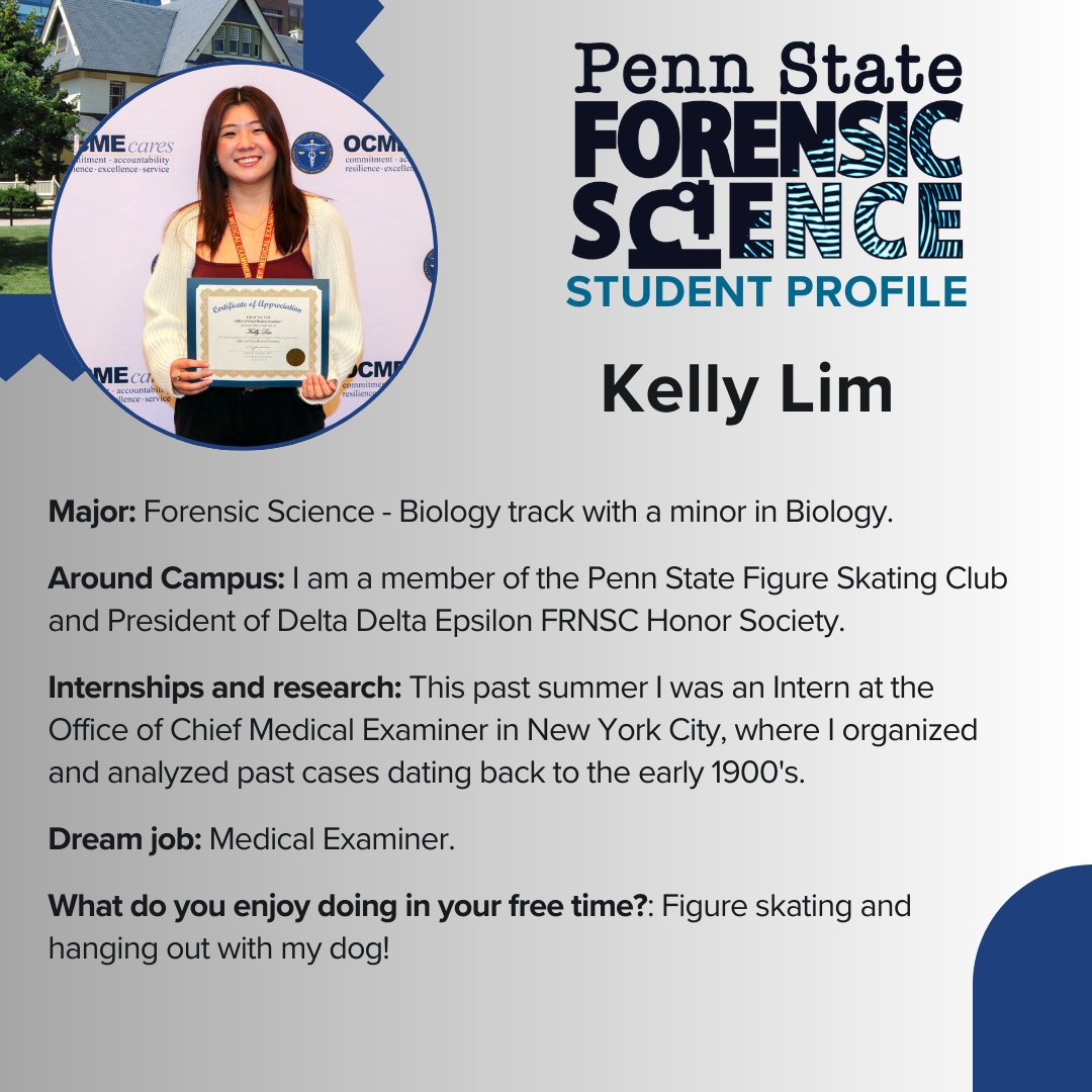 Our students are the future of Forensic Science! Today's amazing undergrad for National Forensic Science Week is Kelly Lim. She recently completed a internship with the OCME in NYC. Learn more about undergrad internships here: science.psu.edu/bmb/forensics/…