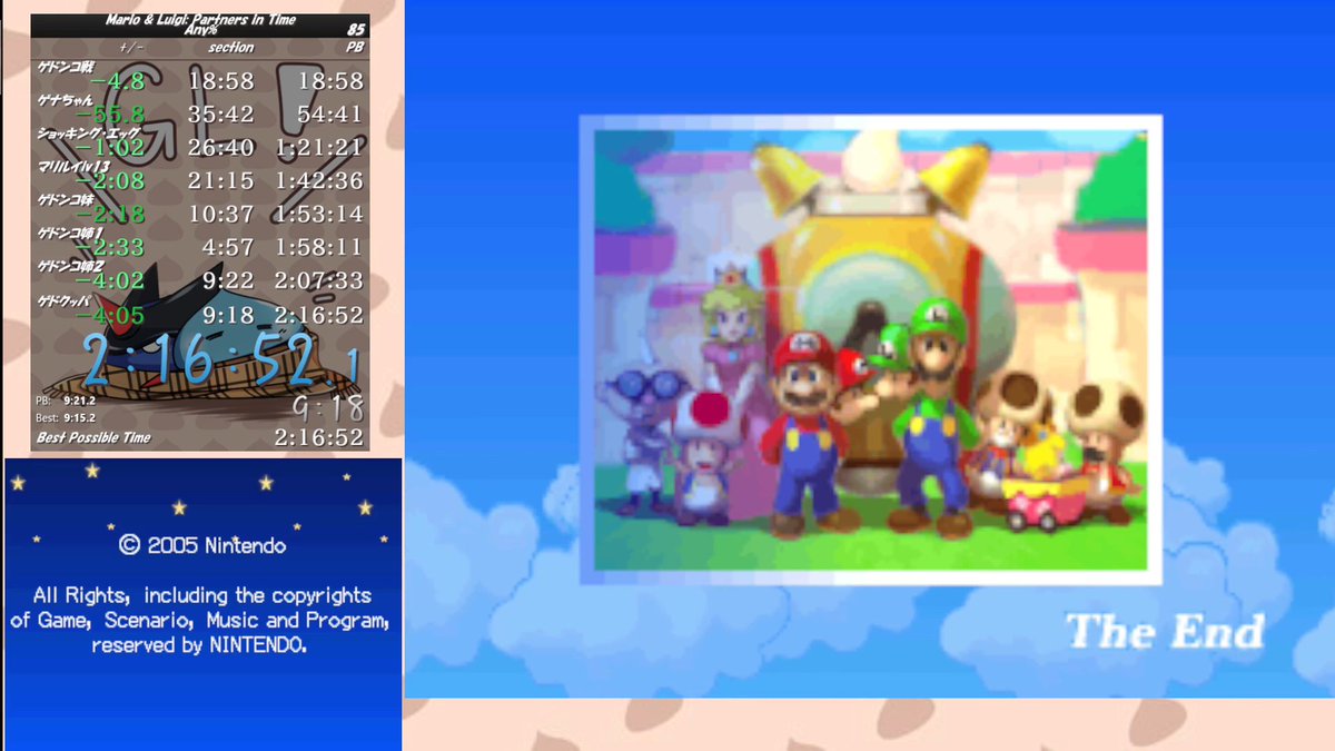 ついに！！！！ついにやりました！！！！
マリオ&amp;ルイージRPG2 Any% World Record!!!!
2時間16分52秒！(2:20:57->2:16:52)

219を超え、218を超え、217を超えとんでもなくヤバい記録が出てしまいました！
マジで男泣き！頑張ってきてよかった～～！！！！！！
#RTA_PB #WR