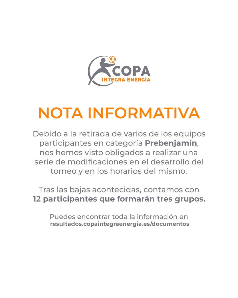 🟠 ❗ Nota Informativa

CAMBIOS EN EL TORNEO DE PREBENJAMINES 

Puedes encontrar toda la información del torneo y sus cambios en 🌐 resultados.copaintegraenergia.es/documentos