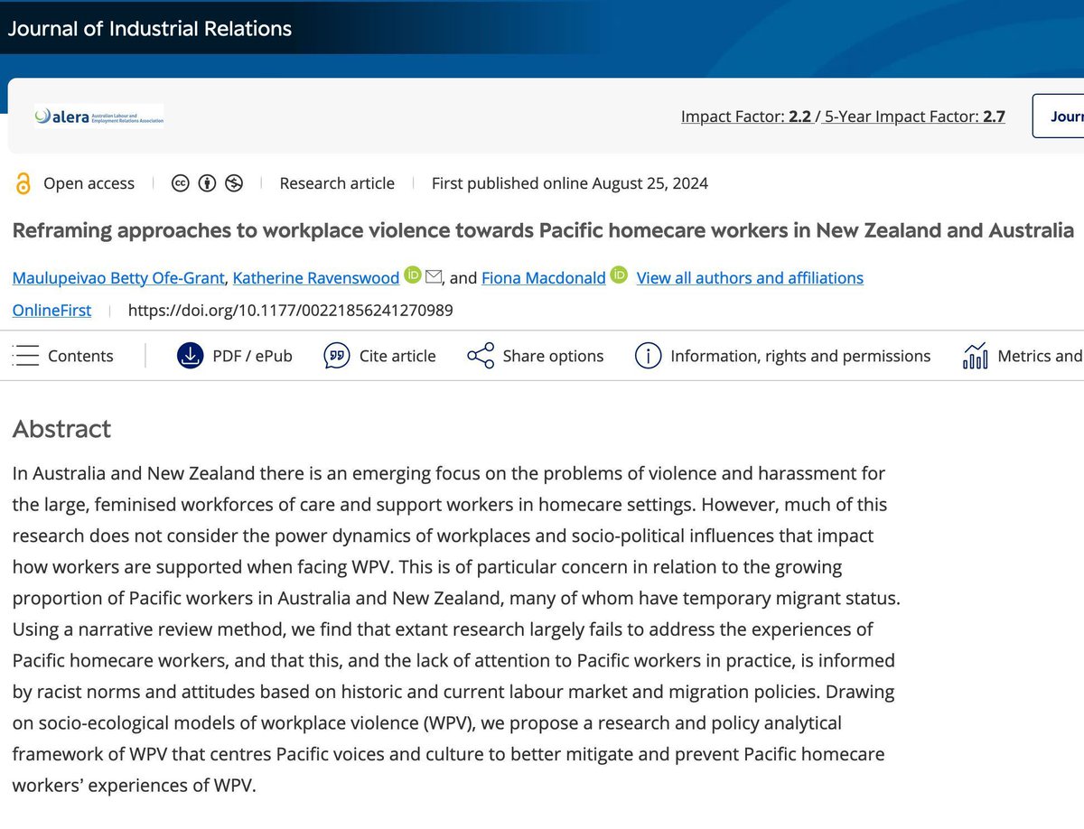 Journal of Industrial Relations (@jirjournal) on Twitter photo Racist norms & historic migration policies contribute to the neglect of Pacific homecare workers' safety and wellbeing 📄 M. Betty Ofe-Grant, <a href="/DrRavenswood/">Katherine Ravenswood</a>, & Fiona Macdonald address these systemic issues <a href="/TheAusInstitute/">Australia Institute</a>
#industrialrelations
📥 doi.org/10.1177/002218… Racist norms & historic migration policies contribute to the neglect of Pacific homecare workers' safety and wellbeing 📄 M. Betty Ofe-Grant, <a href="/DrRavenswood/">Katherine Ravenswood</a>, & Fiona Macdonald address these systemic issues <a href="/TheAusInstitute/">Australia Institute</a>
#industrialrelations
📥 doi.org/10.1177/002218…