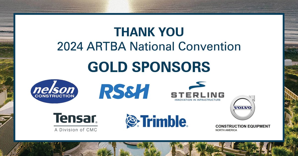 ARTBA's tweet photo. Thanks to the following 2024 ARTBA National Convention Gold Sponsors for their support: @dncc_fl, @WeAreRSANDH, Sterling Infrastructure, Inc., Tensar, @TrimbleCorpNews, and @VolvoCE_NA
#ARTBANATCON https://t.co/fvDWN1Xan0