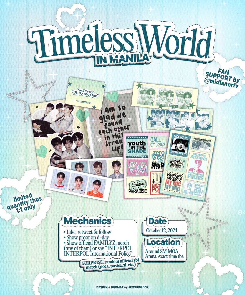 midlanerfv's tweet photo. . ݁₊ ⊹ .  𝙛𝙖𝙢𝙞𝙡𝙮𝙯 𝙙𝙖𝙮 𔓘.ᐟ

ー familyz fansupport by @midlanerfv ˙ᵕ˙ 

𖧷 read pubmat below for details.
𖧷 1:1 ratio.
𖧷 exact time &amp; loc tba.
𖧷 open for trades.

see you there, zerose .ᐟ

#ForZEROSE #TIMELESSWORLDINMANILA #ZB1INMANILA #ZEROBASEONEINMANILA https://t.co/jruxI3l66Y