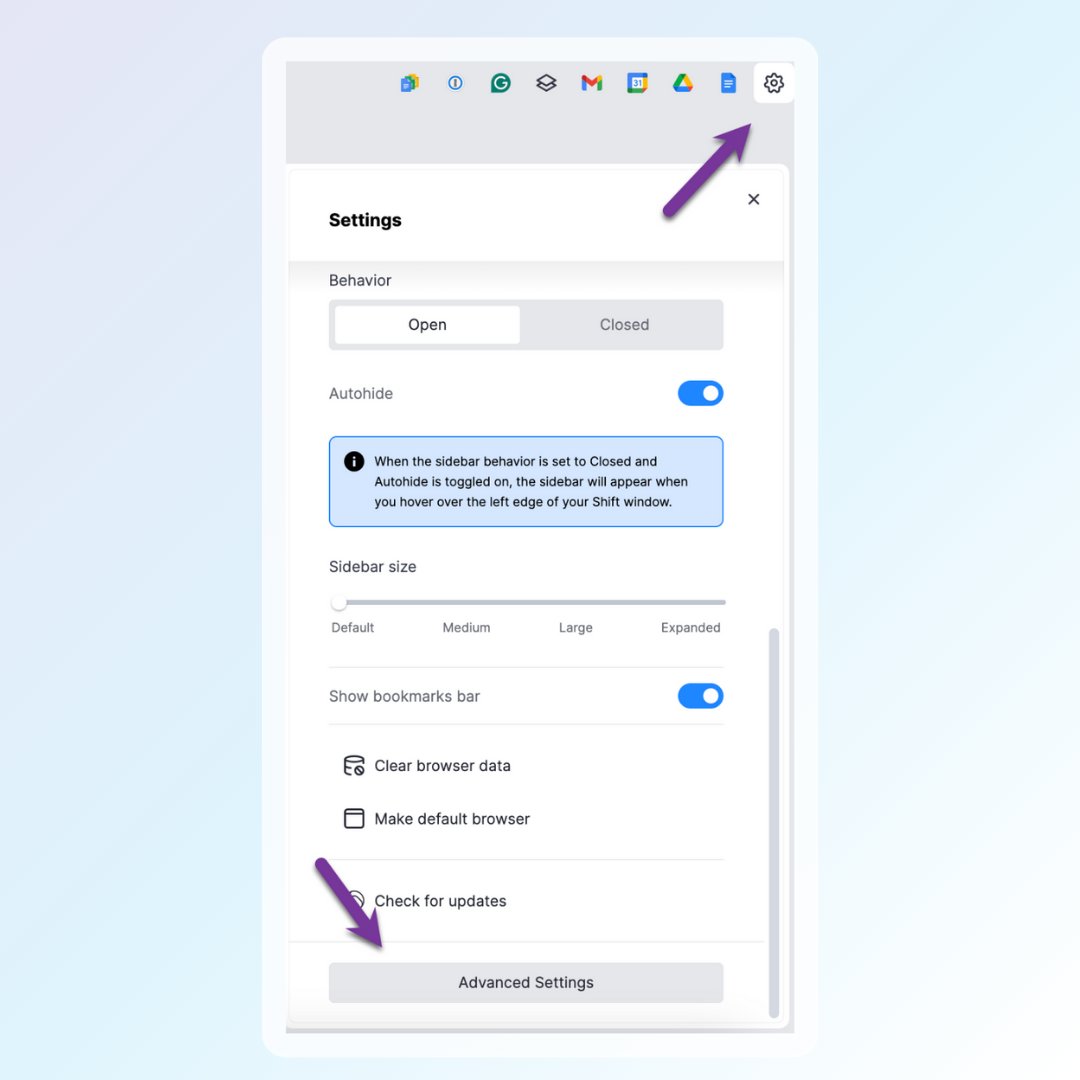 shiftbrowser's tweet image. 🔧 Need to tweak your setup? Accessing Shift settings is easy! Just click on the gear icon ⚙️ in the top right corner for Quick Settings. Scroll to the bottom for Advanced options #ShiftTips