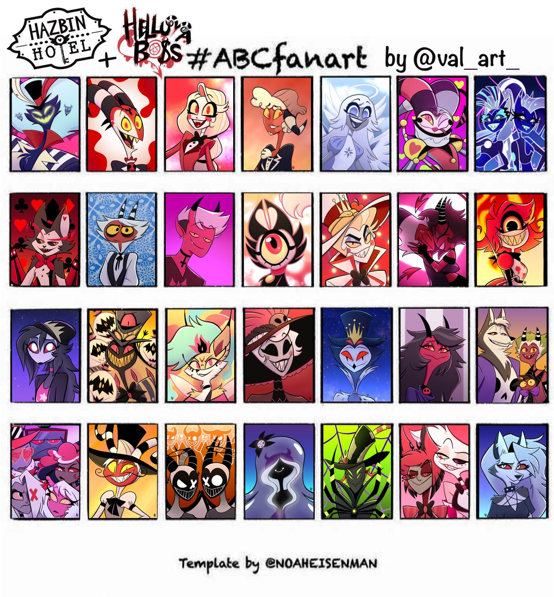 val_art_'s tweet photo. And with this the challenge is over! 
Thank you all for participating! I'm sorry I couldn't fit every single character on the board.. There are so many!! Hope you had at least a little bit o fun!✨💜
#HazbinHotel #HelluvaBoss https://t.co/GCQJbGaMTM