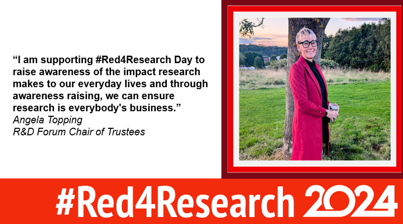 TheRDForum's tweet photo. We will hear from members of @THERDForum community throughout #Red4Research day. First up is @AngelaTopping74 R&amp;D Forum Chair of Trustees #Red4Research https://t.co/iqVNwuiplq