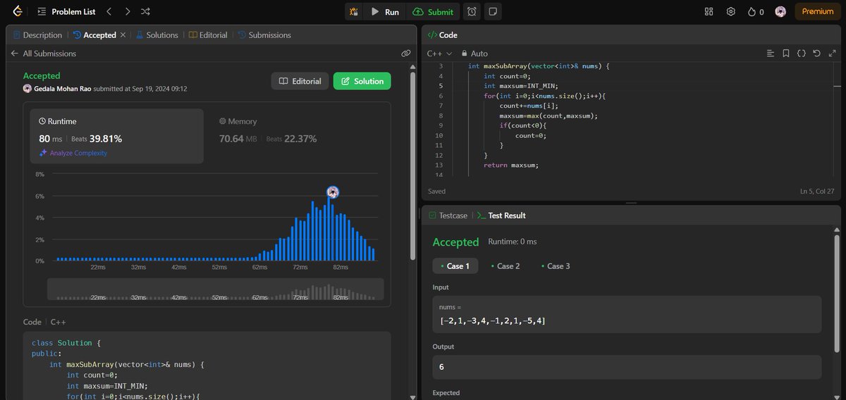 mr_venkey_06's tweet image. Day 10/50 of #DSAwithCPP ๐ป
Solved Maximum Subarray using Kadane's Algorithm! ๐งฎ
Key: O(n) time complexity to find the largest sum of a subarray. Super efficient! ๐ฅ
#100DaysOfCode #CodingChallenge #C++ #DSA #Algorithm #TechTwitter