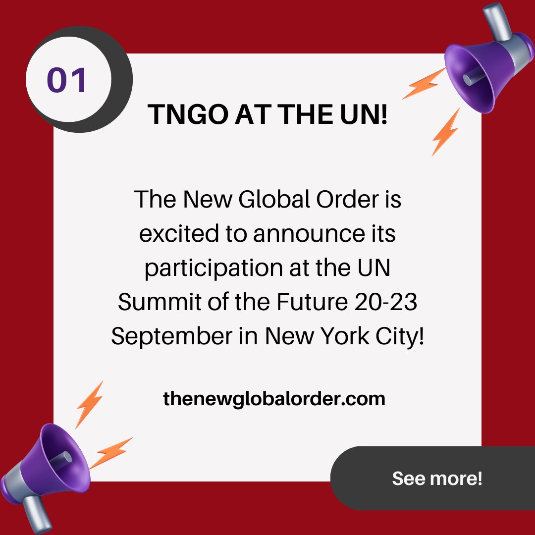 tngorder's tweet photo. 🔊 TNGO at the UN!
We’re excited to share that Theodora and Riccardo will represent us at the UN Summit of the Future in NYC on Sept 20-23!
🌍 World leaders will tackle key issues like peace, climate action, digital transformation, and social justice.
#UNSummit2024 https://t.co/knpZLqwLhw