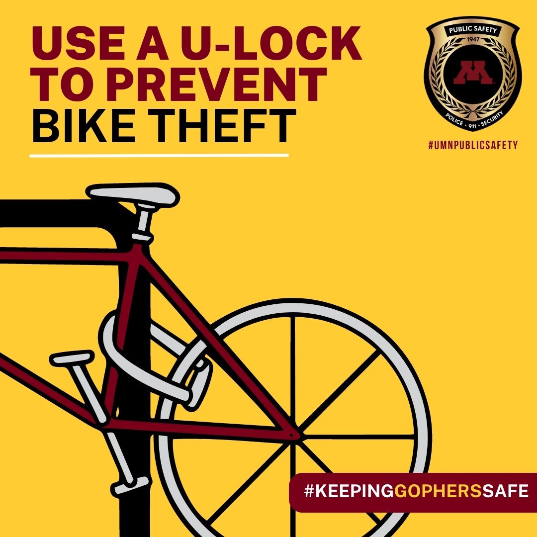UMNpublicsafety's tweet image. Remember, a bike without a lock is an easy target for thieves. Use a #ulock to securely lock your bike to help prevent theft and keep you moving!🚲🔒 #Lockitorloseit #bikesafety