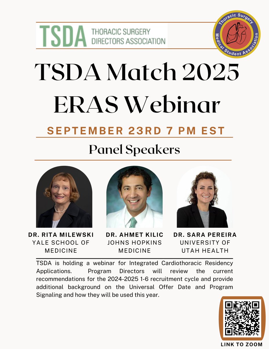 TSMA (@thoracicstudent) on Twitter photo Hello everyone! <a href="/TSDA_CTsurgery/">Thoracic Surgery Directors Association</a> is hosting a webinar to teach us about @ERAS #Match2025. Come attend to learn about program signaling and the new universal offer date! <a href="/saraj_pereira/">Sara Pereira MD</a> <a href="/AhmetKilicMD/">Ahmet Kilic</a> Monday, September 23 7 PM EST psu.zoom.us/webinar/regist… Hello everyone! <a href="/TSDA_CTsurgery/">Thoracic Surgery Directors Association</a> is hosting a webinar to teach us about @ERAS #Match2025. Come attend to learn about program signaling and the new universal offer date! <a href="/saraj_pereira/">Sara Pereira MD</a> <a href="/AhmetKilicMD/">Ahmet Kilic</a> Monday, September 23 7 PM EST psu.zoom.us/webinar/regist…