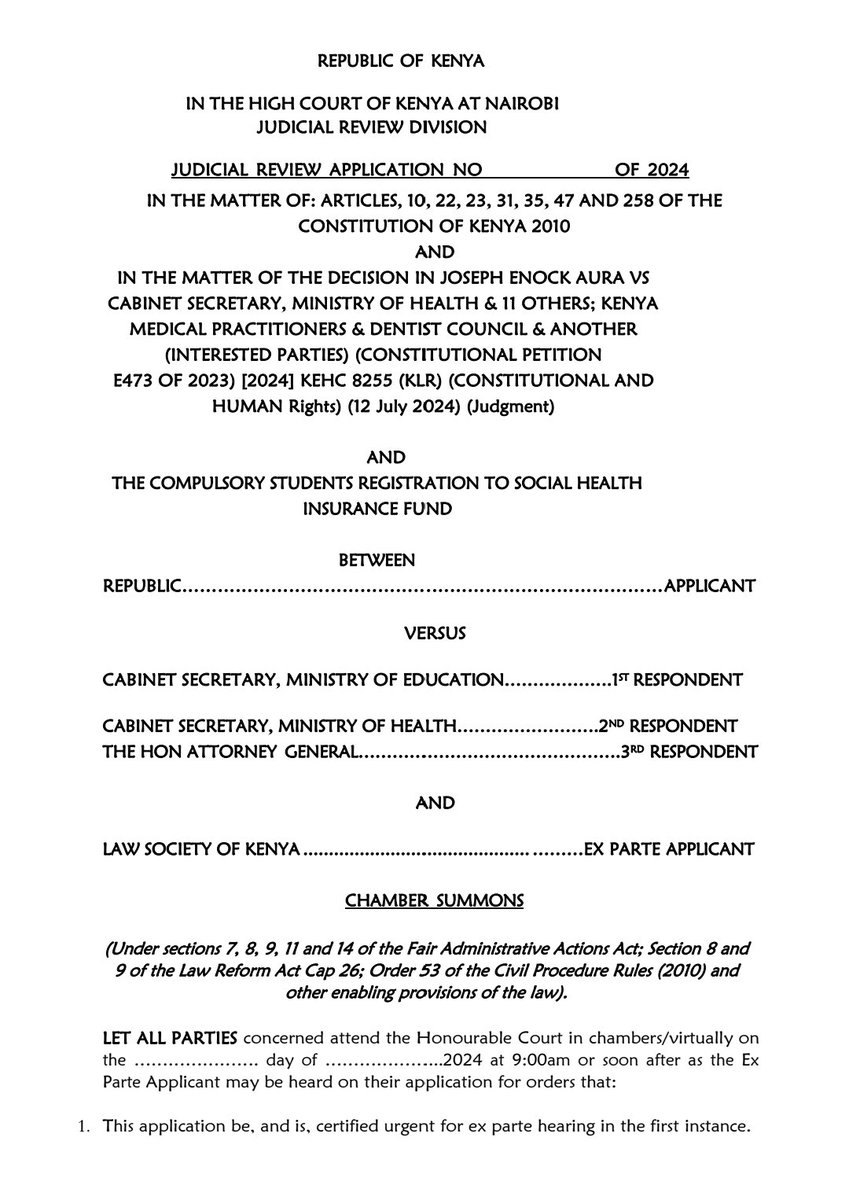 FaithOdhiambo8's tweet photo. The High Court has granted leave to the Law Society of Kenya to file an Application for Judicial Review to quash the directive of the @EduMinKenya requiring that all students be registered as beneficiaries of their parents under the SHIF before readmission to school. We note that the SHIF was declared unconstitutional by the High Court in Petition E473 of 2023, and the decision has not been varied.  Consequently, any directive purporting to give effect to it in any manner is in contempt of court and cannot be condoned.

It is an irreconcilable act of impunity to threaten the education of our children to coerce Kenyans into subscribing to an illegal enterprise. The circular by the Ministry of Education is not only bad in law, it is insensitive, irrational, and inimical to the role of the ministry in ensuring the best standards of education for our children. We urge all school administrators @KenyaKessha @kepshaKE to desist from denying any student access to school on account of this illegal directive.