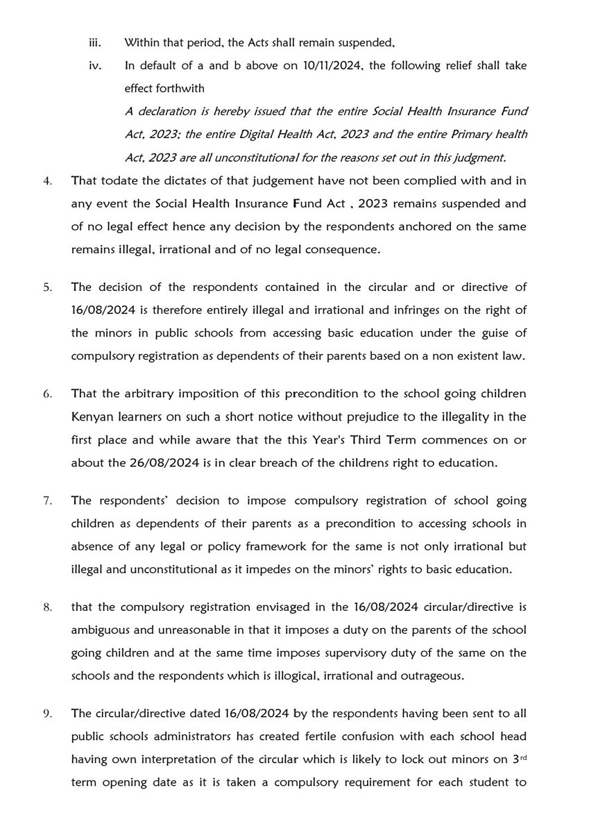 FaithOdhiambo8's tweet photo. The High Court has granted leave to the Law Society of Kenya to file an Application for Judicial Review to quash the directive of the @EduMinKenya requiring that all students be registered as beneficiaries of their parents under the SHIF before readmission to school. We note that the SHIF was declared unconstitutional by the High Court in Petition E473 of 2023, and the decision has not been varied.  Consequently, any directive purporting to give effect to it in any manner is in contempt of court and cannot be condoned.

It is an irreconcilable act of impunity to threaten the education of our children to coerce Kenyans into subscribing to an illegal enterprise. The circular by the Ministry of Education is not only bad in law, it is insensitive, irrational, and inimical to the role of the ministry in ensuring the best standards of education for our children. We urge all school administrators @KenyaKessha @kepshaKE to desist from denying any student access to school on account of this illegal directive.