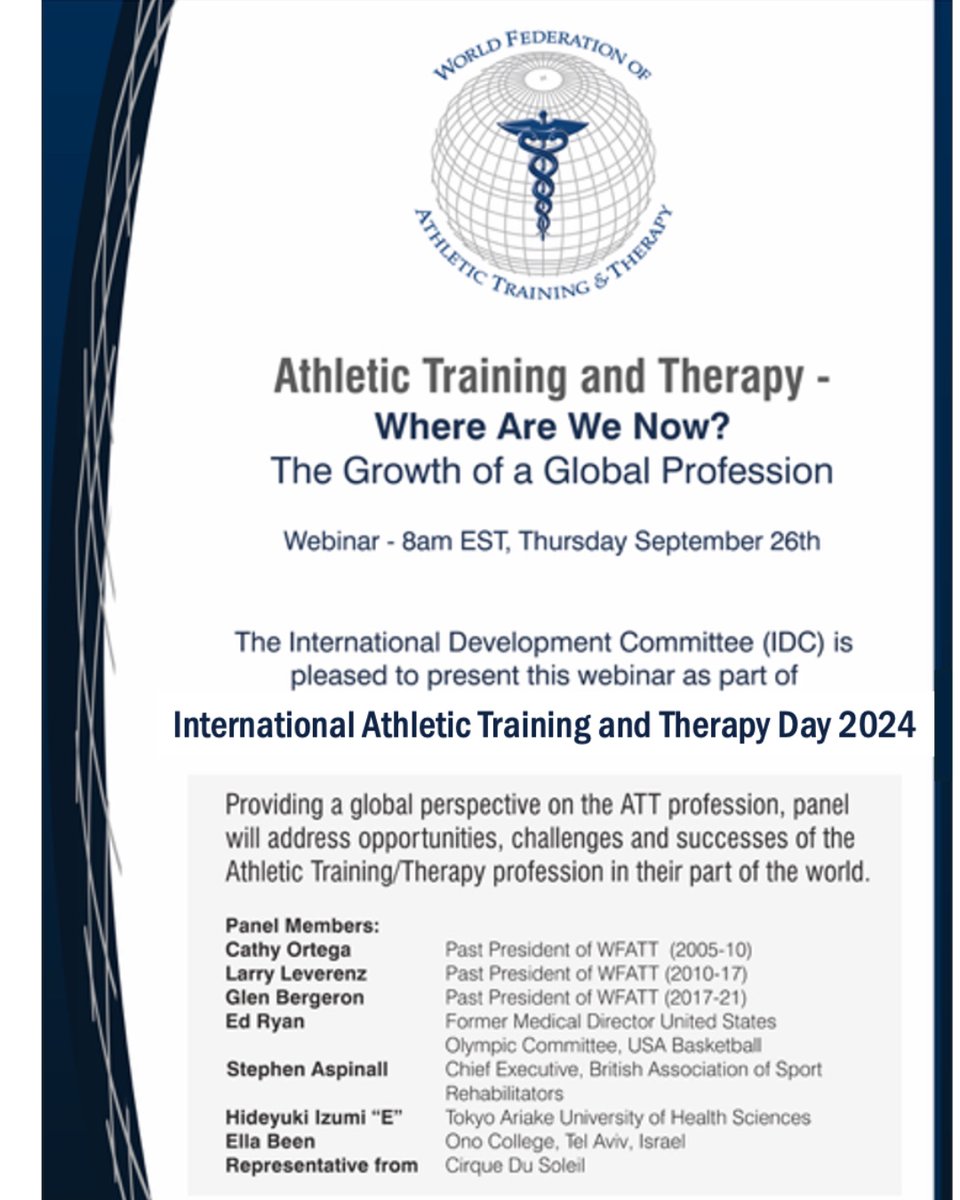 The WFATT International Development Committee presents this webinar for 2024 International Athletic Training &amp; Therapy Day #IATTD24 
The panel will address opportunities, challenges &amp; successes of the ATT profession for a global perspective. Register: us02web.zoom.us/webinar/regist…