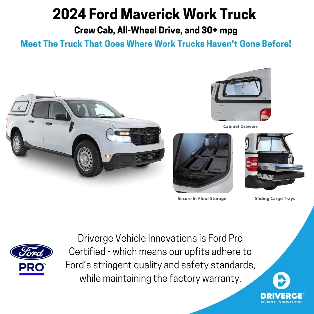Introducing the 2024 Ford Maverick Work Truck, expertly upfitted by Driverge Vehicle Innovations to go where work trucks haven’t gone before! With Crew Cab, All-Wheel Drive, and over 30 mpg*, this versatile vehicle is designed for the modern professional.