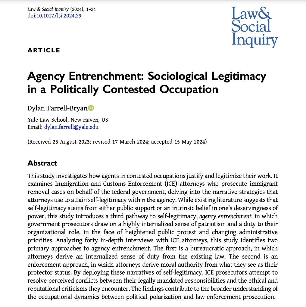 Dylan Farrell-Bryan, PhD (@dfarrellbryan) on Twitter photo 🚨 new pub, first view 🚨 really excited to share my new article, which draws on in-depth interviews with ICE attorneys to understand how they understand & legitimize the work of prosecuting immigrant removal, out now in <a href="/LSI_Journal/">Law & Social Inquiry</a>. Full article here: tinyurl.com/7kajvp6j 🚨 new pub, first view 🚨 really excited to share my new article, which draws on in-depth interviews with ICE attorneys to understand how they understand & legitimize the work of prosecuting immigrant removal, out now in <a href="/LSI_Journal/">Law & Social Inquiry</a>. Full article here: tinyurl.com/7kajvp6j