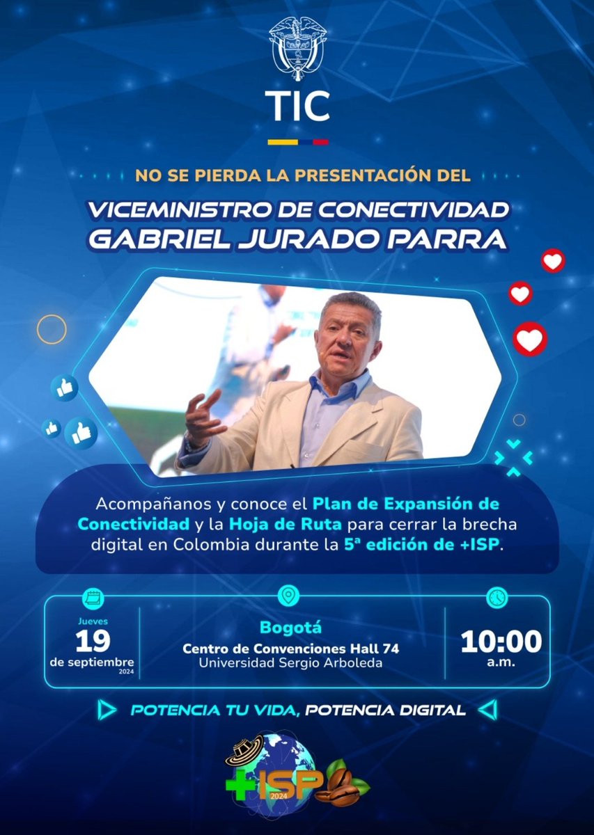 Hoy, el <a href="/Ministerio_TIC/">Ministerio TIC</a> estará presente en #+ISP2024, evento organizado por @Naisp_Colombia que reúne al sector #TIC para explorar las oportunidades de crecimiento de los #ISP en Colombia. Presentaremos las estrategias del #MinTIC para impulsar una #ConectividadParaElCambio y