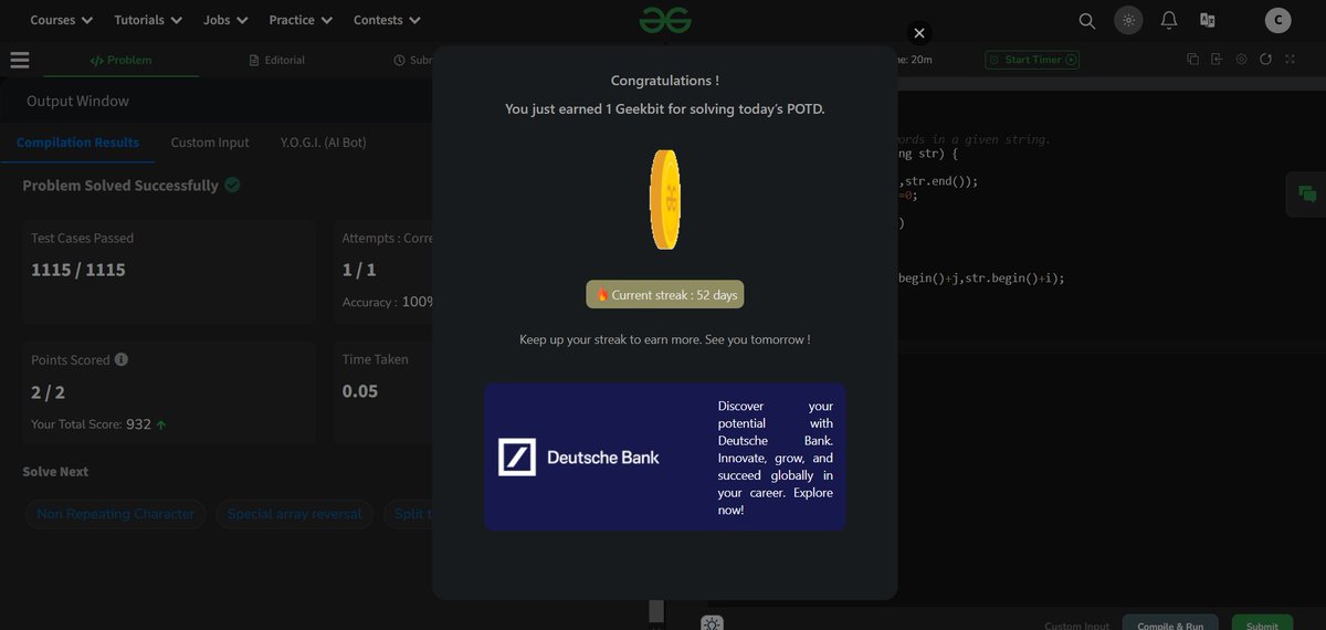 codewithme208's tweet image. Completed Day 9 of the @GeeksforGeeks 21-Day POTD Challenge! Feeling accomplished and ready to tackle Day 10. #GeekStreak #LevelUp @DeutscheBank