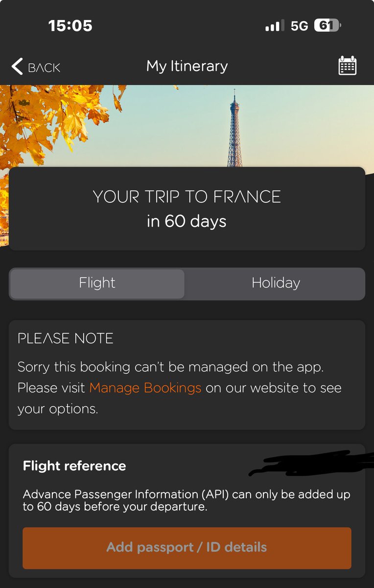 dtaylorwsm's tweet photo. @easyJet I have an upcoming booking. On my app it says that ‘Advances Passenger Information (API) can only be added up to 60 days before  your departure’, today is 60 days before and it won’t let me add this as the option is greyed out.
Are you able to tell me how I add this? https://t.co/r8FOmVtFhi