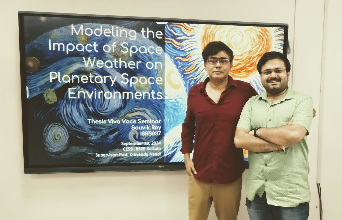 ydnad0's tweet photo. Another sunset on this remote campus and another newly minted explorer of the Sun ☀️ Me with Dr. Souvik Roy of @cessi_iiserkol who defended his thesis successfully today. The computational models we developed will hopefully move us closer to realistic space weather predictions. https://t.co/Xh6ahznQrO