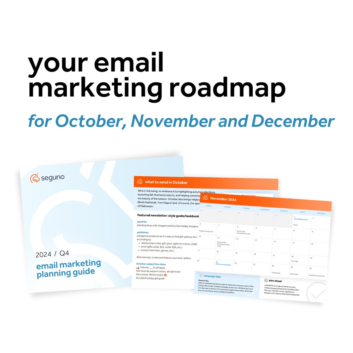 SegunoSoftware's tweet image. Q4 is just around the corner 😲 Create a roadmap for your October, November and December email marketing with our free planning guide. Download here: seguno.com/email-marketin…

#emailcalendar #EmailMarketing