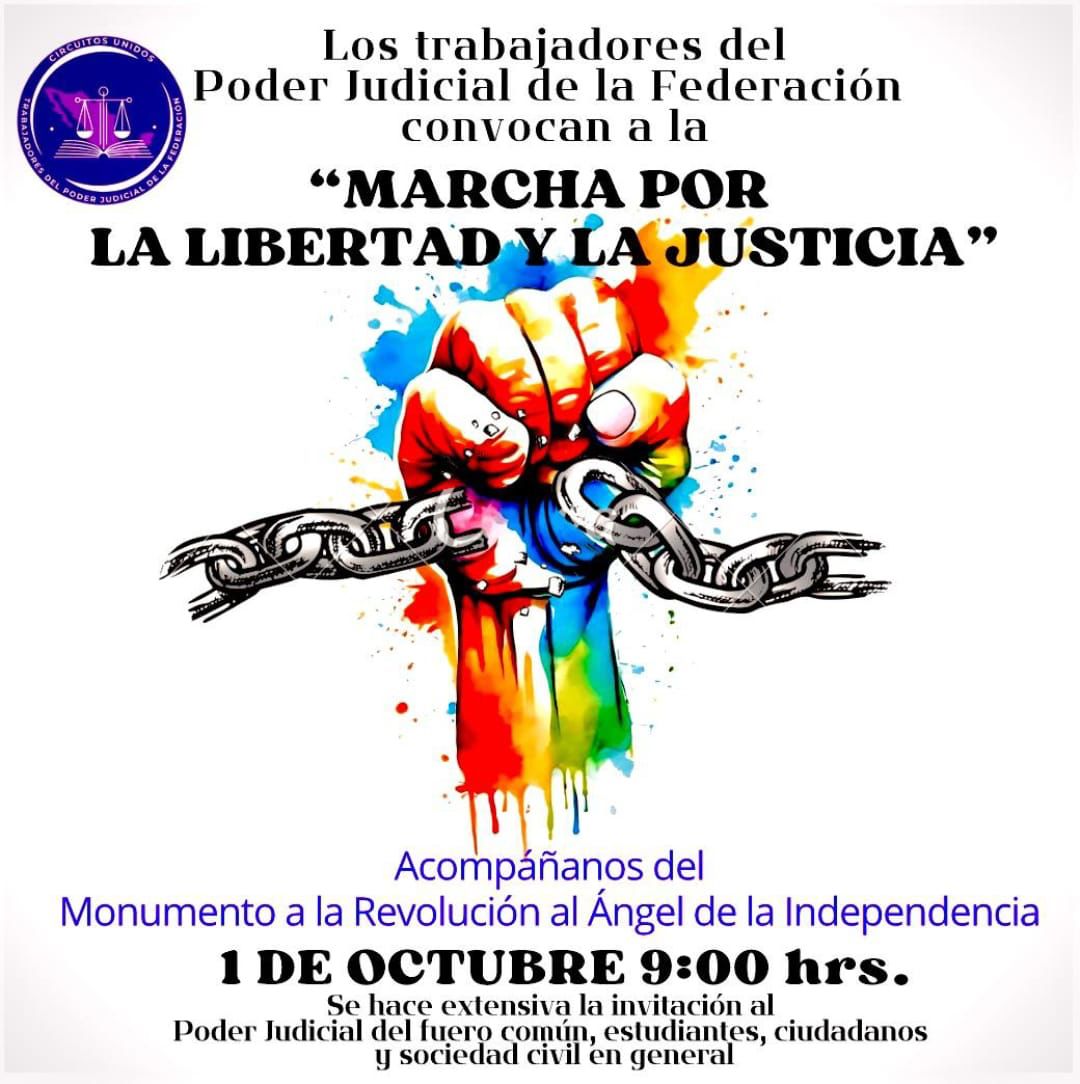 ⚖️🇲🇽 #PJF CONVOCA
#ALasCalles01Oct 
📅 Martes 01 OCTUBRE
⌚ 09:00 am
🏫 Del Monumento a la Revolución al Ángel de la Independencia 🪽 
Nuestra libertad y la justicia peligran.
La lucha sigue, cuento contigo.
