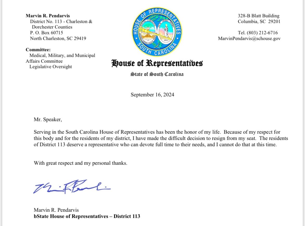 A very brief letter from former Rep. Marvin Pendarvis to the SC Speaker announcing his resignation this week. This comes months after the bar suspended him for accusations of professional misconduct. Pendarvis was running unopposed. <a href="/Live5News/">Live5News</a>