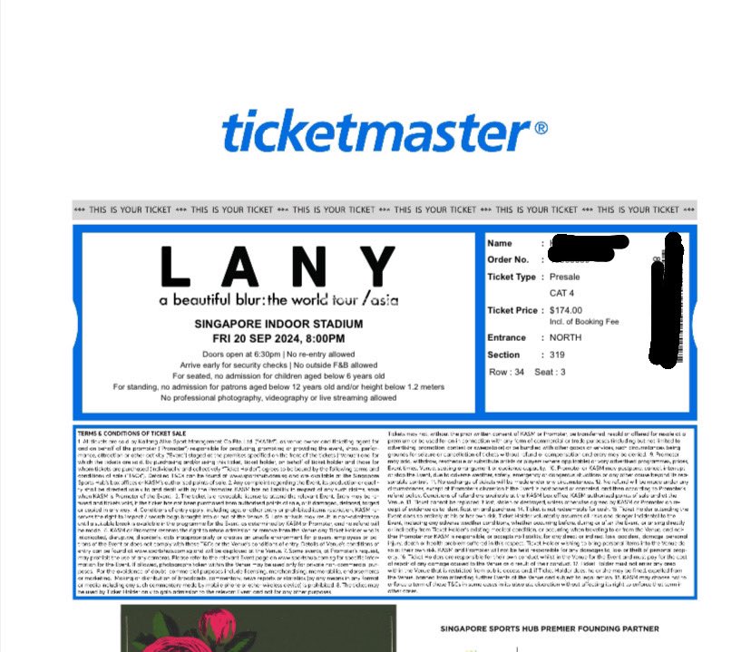 WTS Lany Singapore Cat4 $115 NEGOTIABLE!!!
Can meet up and transfer on the spot! 
#lanysingapore #wts #singapore #lany #wts