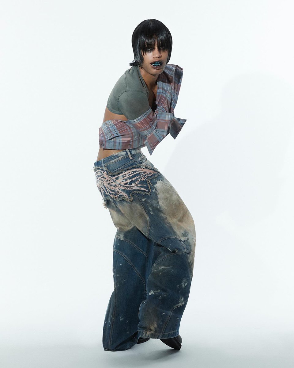 Ecco2K for #AcnePeople, wearing new FW24 denim with pink